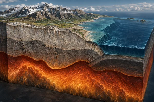 Three-dimensional cutaway of crust and mantle