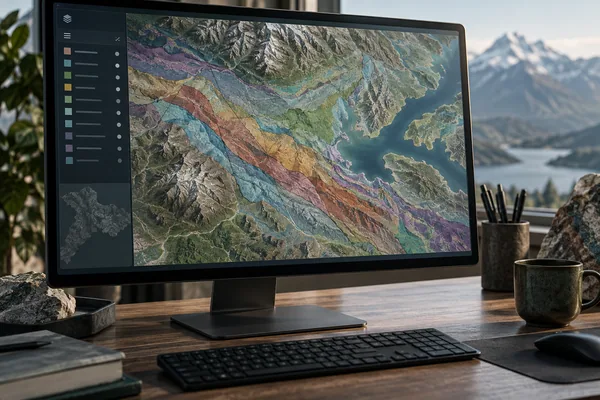 Illustrative geological web map on a monitor